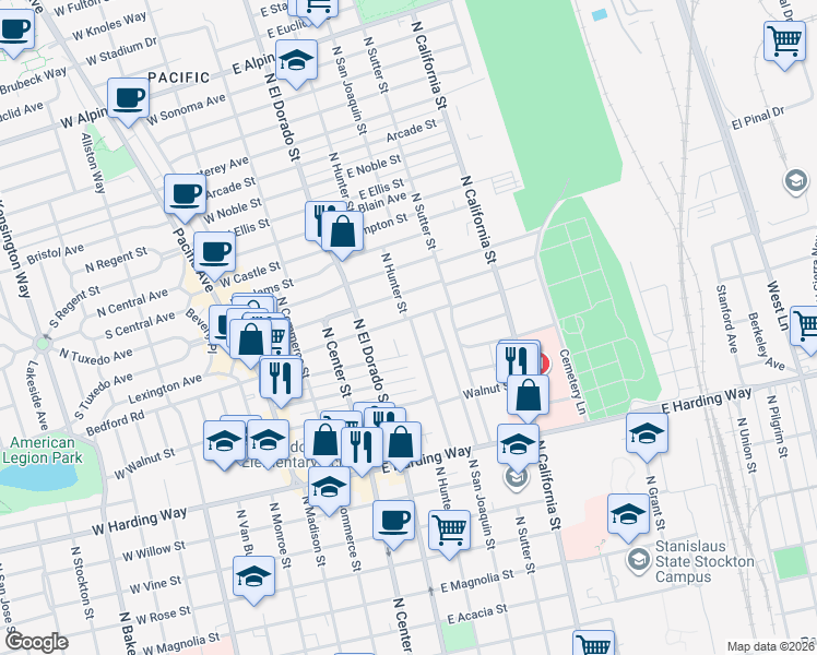 map of restaurants, bars, coffee shops, grocery stores, and more near 1861 North Hunter Street in Stockton