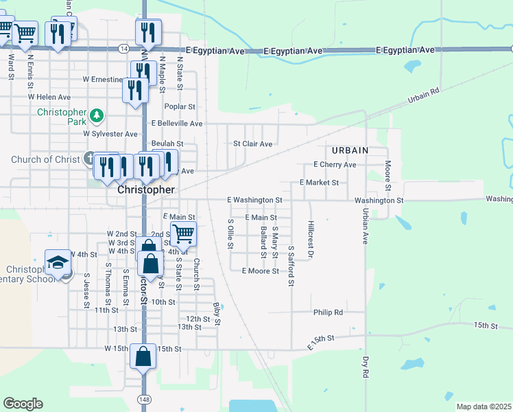 map of restaurants, bars, coffee shops, grocery stores, and more near 701-799 E Washington St in Christopher