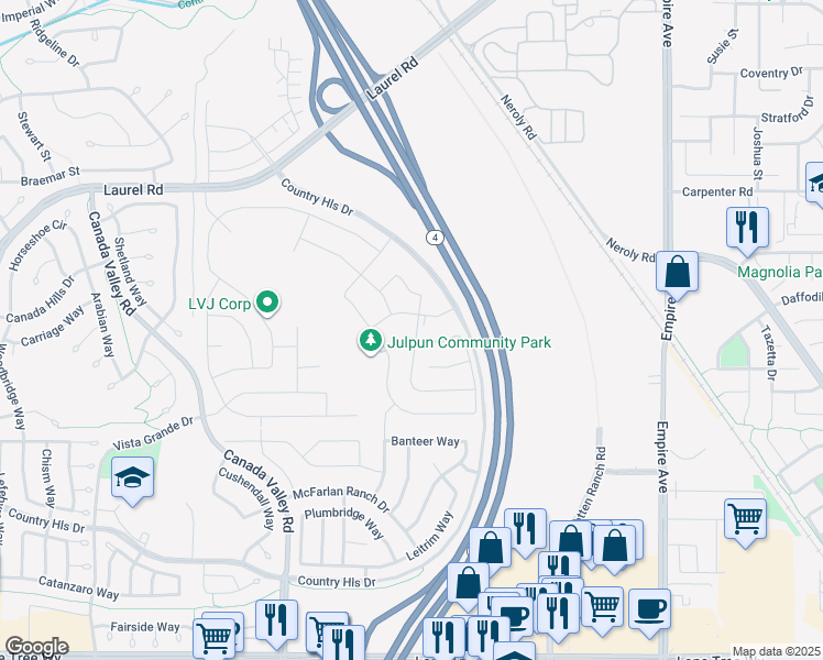 map of restaurants, bars, coffee shops, grocery stores, and more near 5520 Majestic Oak Court in Antioch