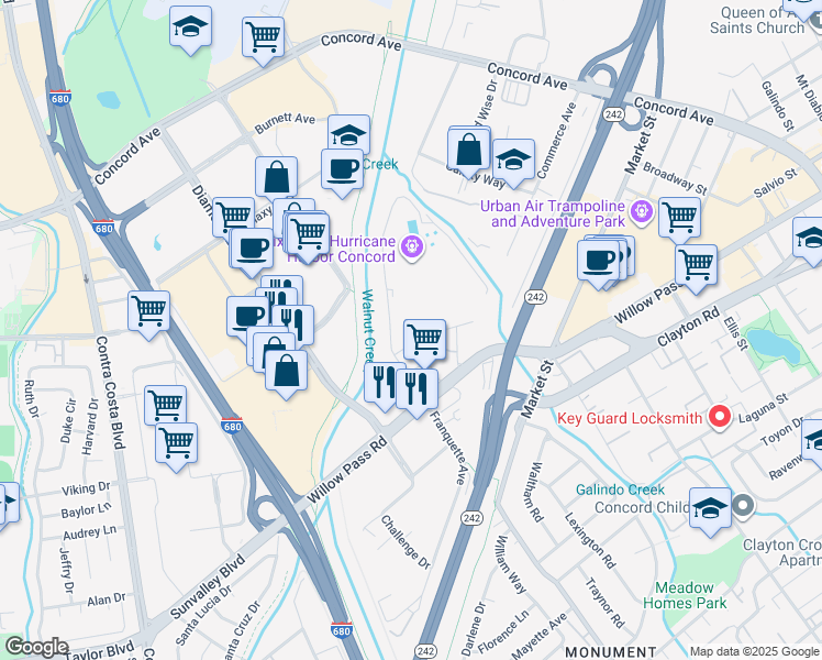 map of restaurants, bars, coffee shops, grocery stores, and more near 1401 Civic Court in Concord