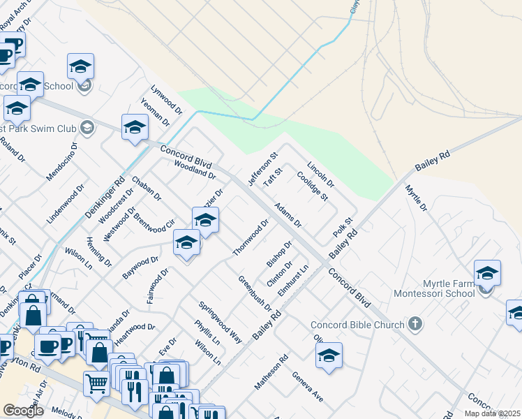 map of restaurants, bars, coffee shops, grocery stores, and more near 4554 Concord Boulevard in Concord