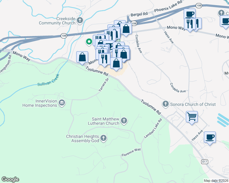 map of restaurants, bars, coffee shops, grocery stores, and more near 13889 Tuolumne Road in Sonora