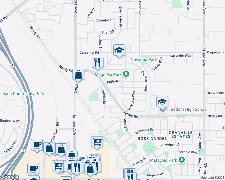 map of restaurants, bars, coffee shops, grocery stores, and more near 5670 Daffodil Drive in Oakley