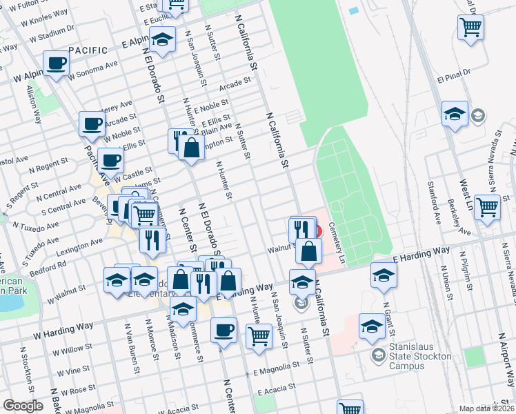 map of restaurants, bars, coffee shops, grocery stores, and more near 410 East Wyandotte Street in Stockton