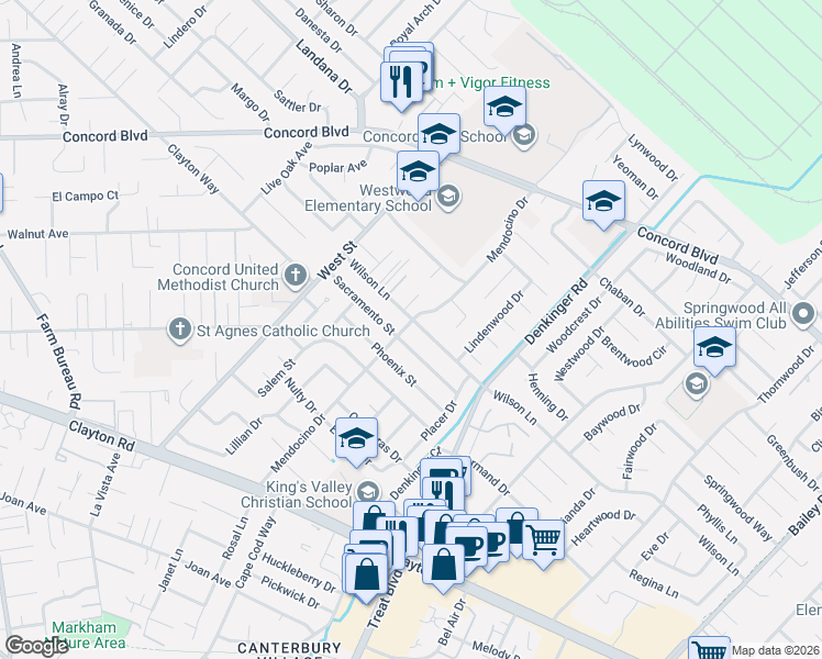map of restaurants, bars, coffee shops, grocery stores, and more near 1664 Wilson Court in Concord