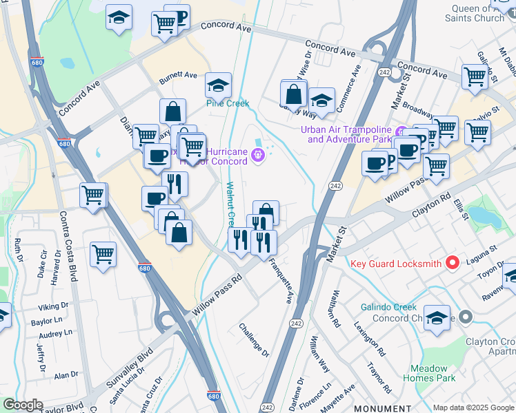 map of restaurants, bars, coffee shops, grocery stores, and more near 1869 Waterworld Parkway in Concord