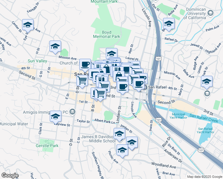 map of restaurants, bars, coffee shops, grocery stores, and more near 933 4th Street in San Rafael
