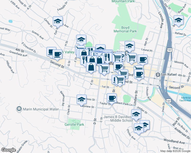 map of restaurants, bars, coffee shops, grocery stores, and more near 820 East Street in San Rafael