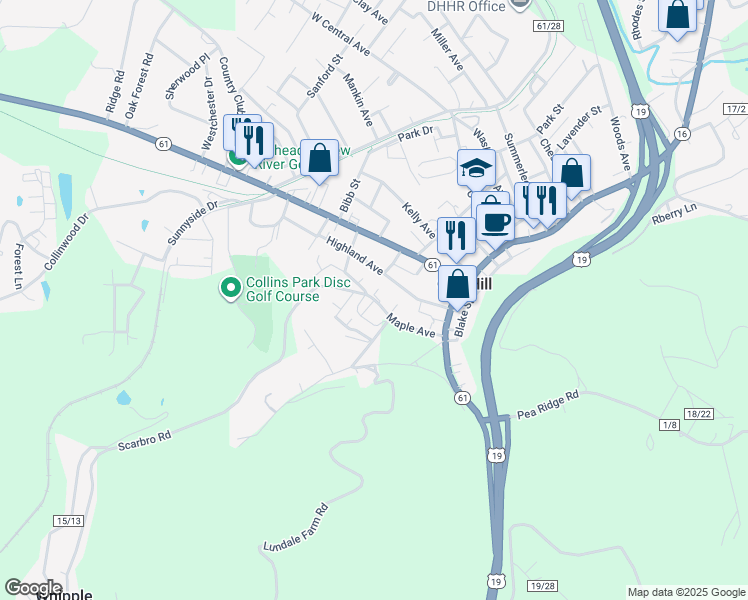 map of restaurants, bars, coffee shops, grocery stores, and more near 18 Wood Hill Court in Oak Hill