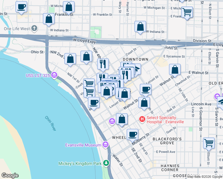 map of restaurants, bars, coffee shops, grocery stores, and more near in Evansville
