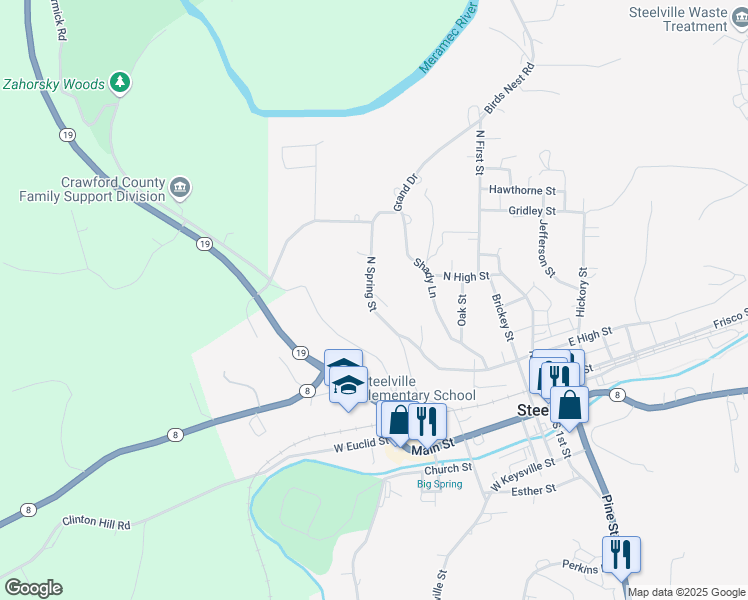 map of restaurants, bars, coffee shops, grocery stores, and more near 311 North Spring Street in Steelville