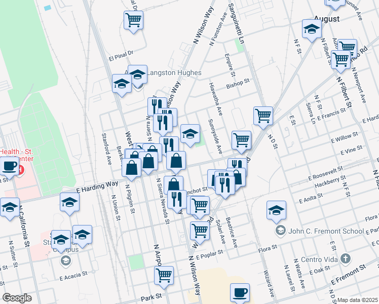 map of restaurants, bars, coffee shops, grocery stores, and more near 1550 School Avenue in Stockton
