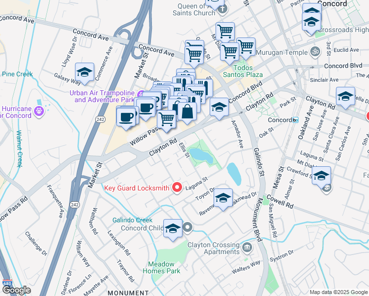 map of restaurants, bars, coffee shops, grocery stores, and more near 1736 Clayton Road in Concord