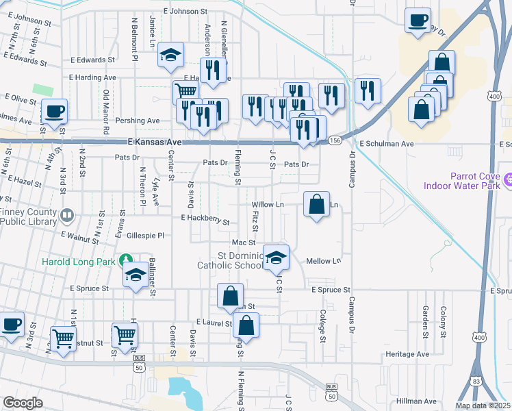 map of restaurants, bars, coffee shops, grocery stores, and more near 1699 Willow Lane in Garden City