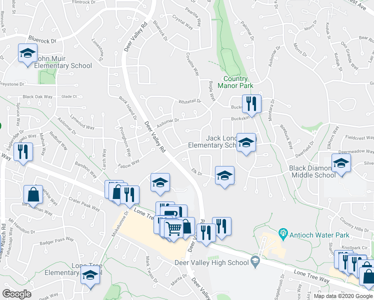 map of restaurants, bars, coffee shops, grocery stores, and more near Country Hills Drive & Elk Drive in Antioch