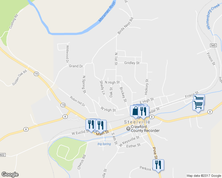 map of restaurants, bars, coffee shops, grocery stores, and more near 234 Oak Street in Steelville