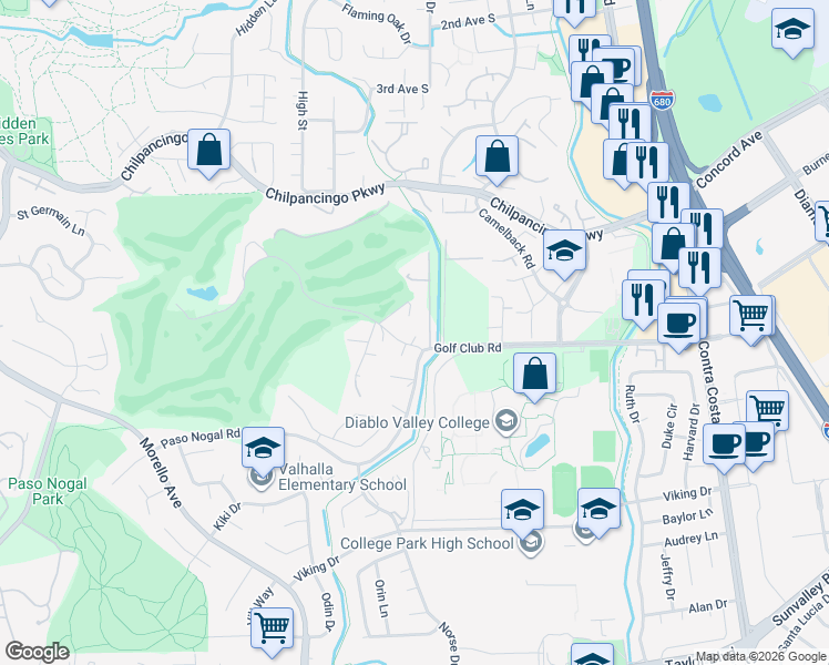 map of restaurants, bars, coffee shops, grocery stores, and more near 202 Paso Nogal Road in Pleasant Hill