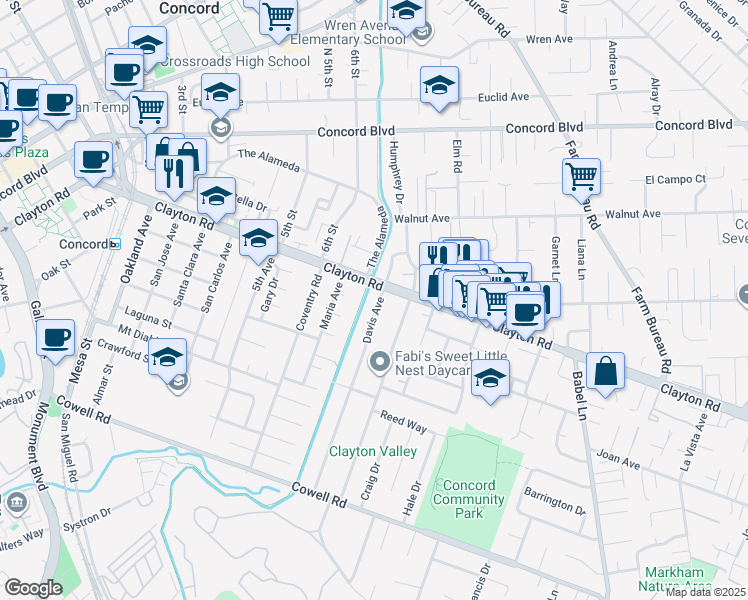 map of restaurants, bars, coffee shops, grocery stores, and more near 1487 Davis Avenue in Concord