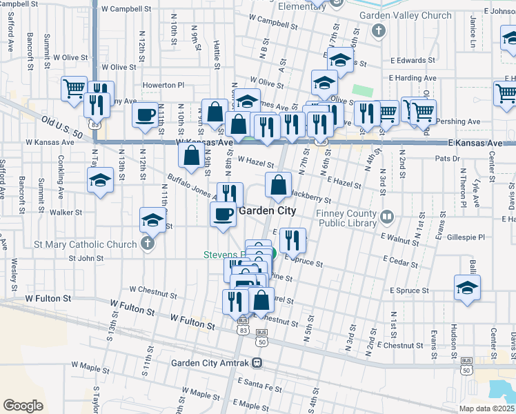 map of restaurants, bars, coffee shops, grocery stores, and more near 121 West Walnut Street in Garden City
