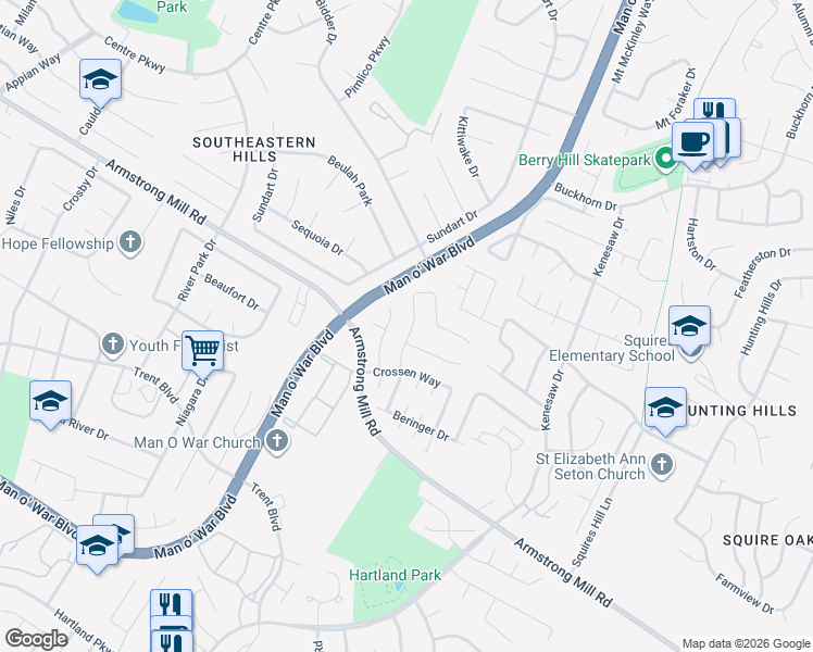 map of restaurants, bars, coffee shops, grocery stores, and more near 3401 Promenade Drive in Lexington