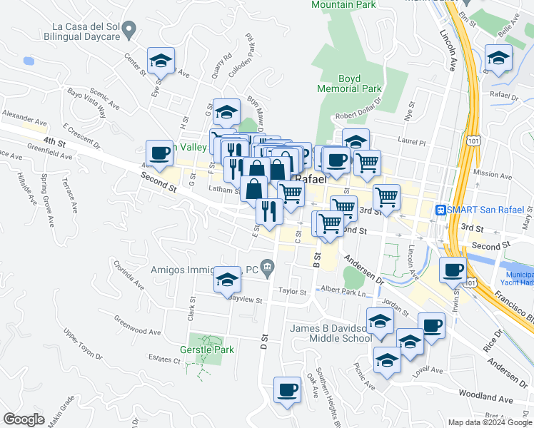 map of restaurants, bars, coffee shops, grocery stores, and more near 1416 2nd Street in San Rafael