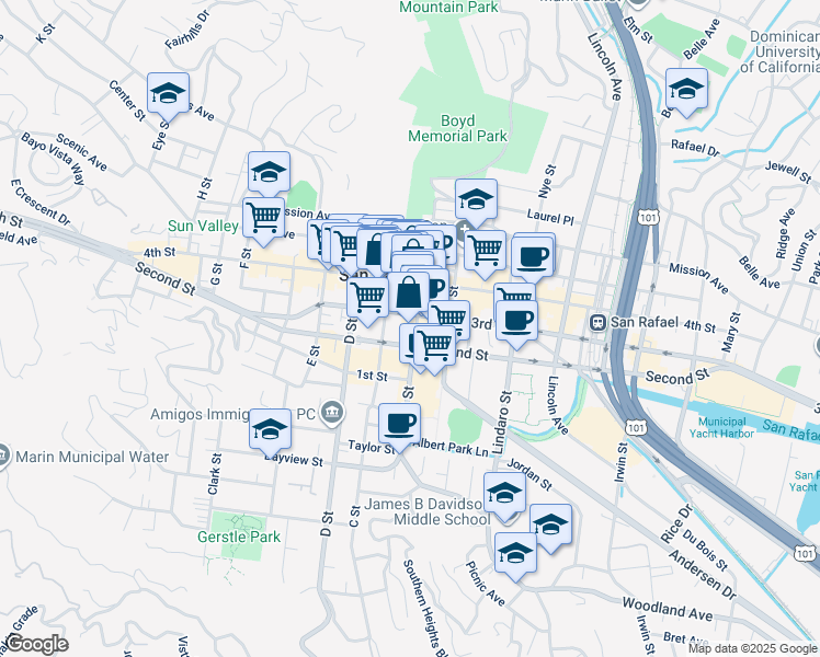 map of restaurants, bars, coffee shops, grocery stores, and more near 831 B Street in San Rafael
