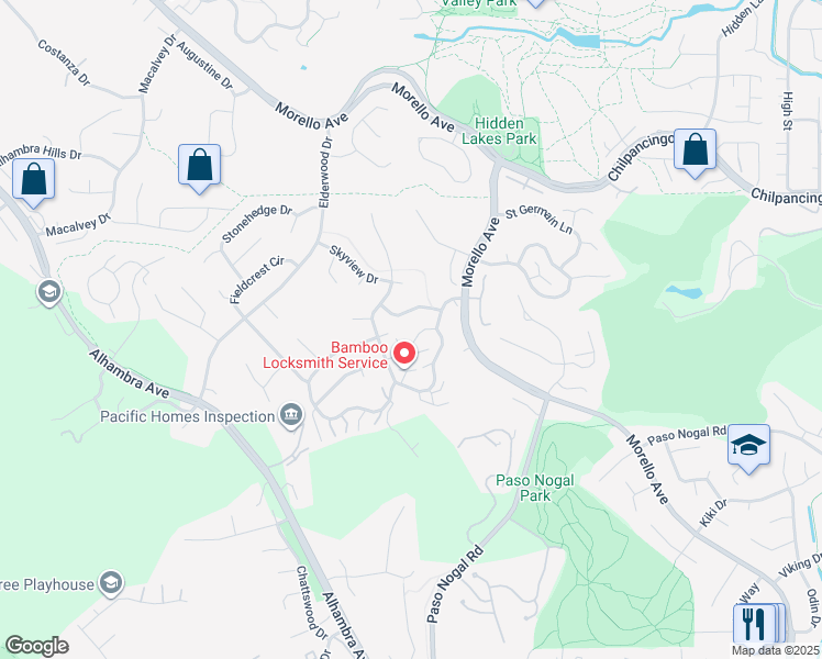 map of restaurants, bars, coffee shops, grocery stores, and more near 505 Ridgeview Court in Pleasant Hill
