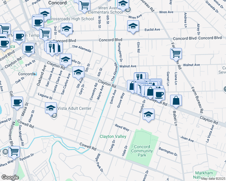 map of restaurants, bars, coffee shops, grocery stores, and more near 1487 Davis Avenue in Concord