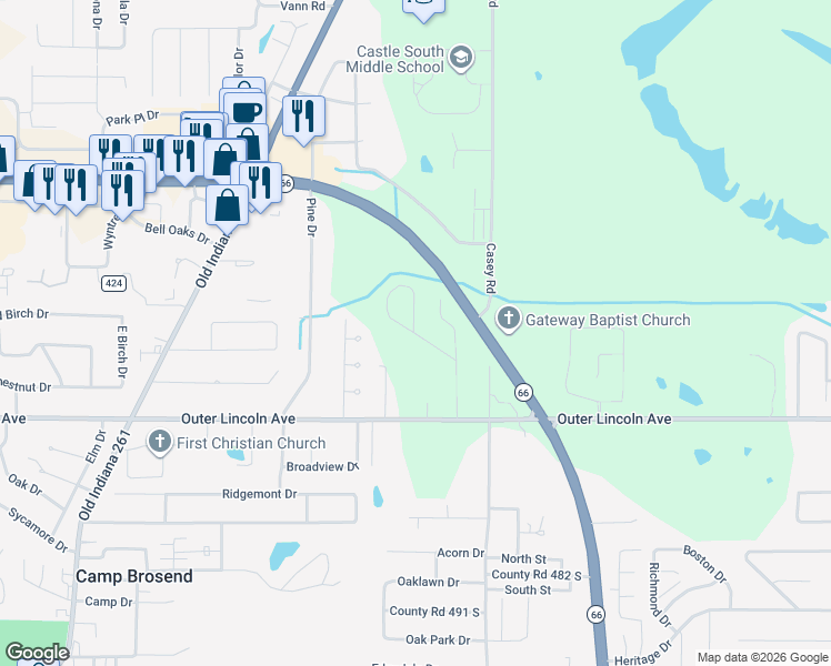 map of restaurants, bars, coffee shops, grocery stores, and more near 4100 County Road 740 West in Newburgh