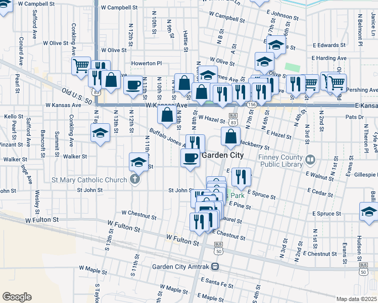 map of restaurants, bars, coffee shops, grocery stores, and more near 121 West Walnut Street in Garden City