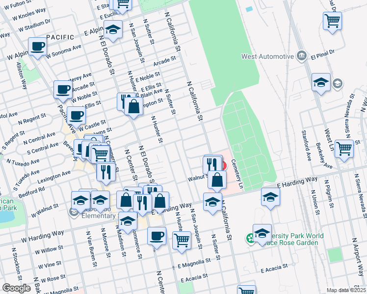 map of restaurants, bars, coffee shops, grocery stores, and more near 410 East Wyandotte Street in Stockton