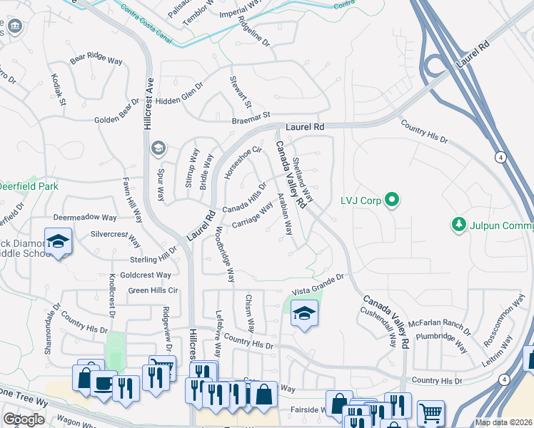 map of restaurants, bars, coffee shops, grocery stores, and more near 5158 Carriage Way in Antioch