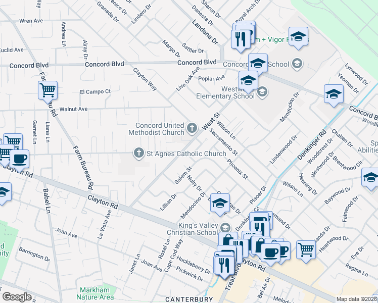 map of restaurants, bars, coffee shops, grocery stores, and more near 4000 Earhart Drive in Concord