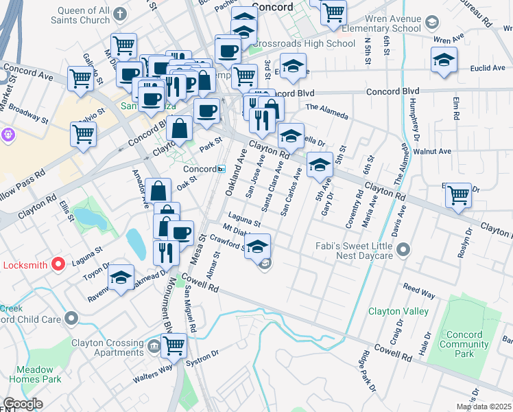 map of restaurants, bars, coffee shops, grocery stores, and more near 2880 Atlantic Street in Concord