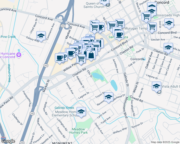 map of restaurants, bars, coffee shops, grocery stores, and more near 1736 Clayton Road in Concord