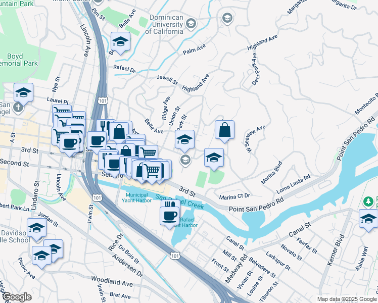 map of restaurants, bars, coffee shops, grocery stores, and more near Clayton Street in San Rafael