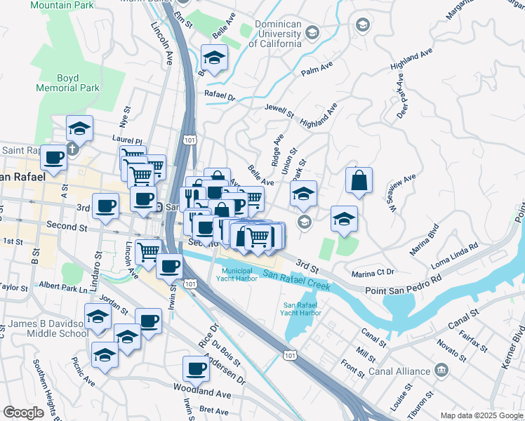 map of restaurants, bars, coffee shops, grocery stores, and more near 304 Mission Avenue in San Rafael