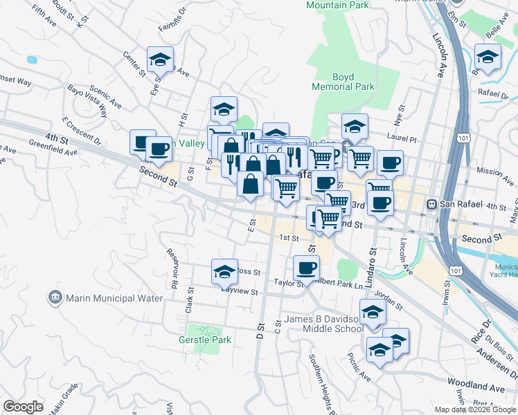 map of restaurants, bars, coffee shops, grocery stores, and more near 820 East Street in San Rafael