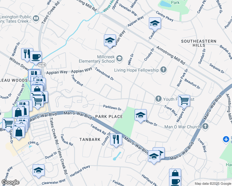 map of restaurants, bars, coffee shops, grocery stores, and more near 1191 Merewood Drive in Lexington