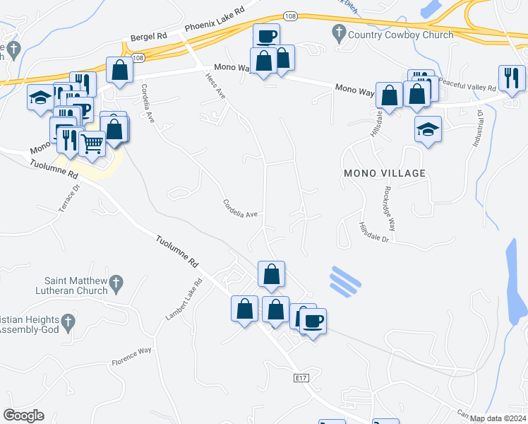 map of restaurants, bars, coffee shops, grocery stores, and more near 19300 Hess Avenue in Sonora