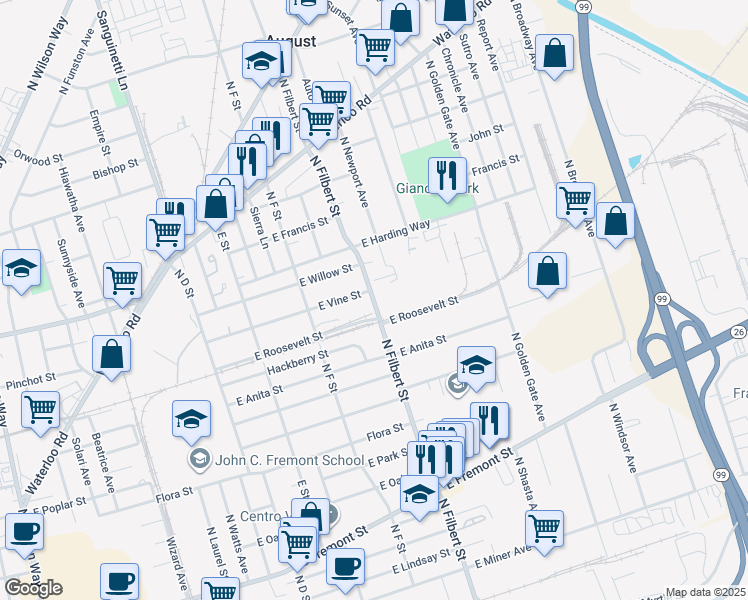 map of restaurants, bars, coffee shops, grocery stores, and more near 1124 North Filbert Street in Stockton