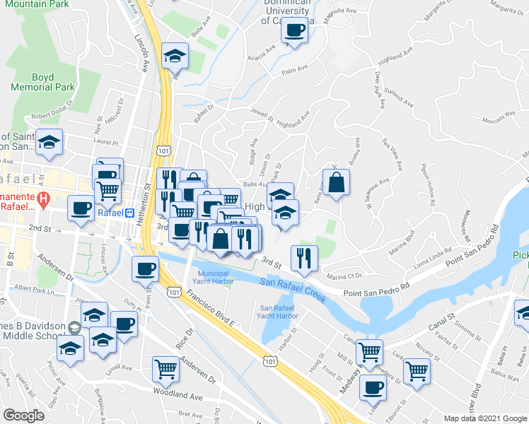 map of restaurants, bars, coffee shops, grocery stores, and more near Mission Avenue & Park Street in San Rafael