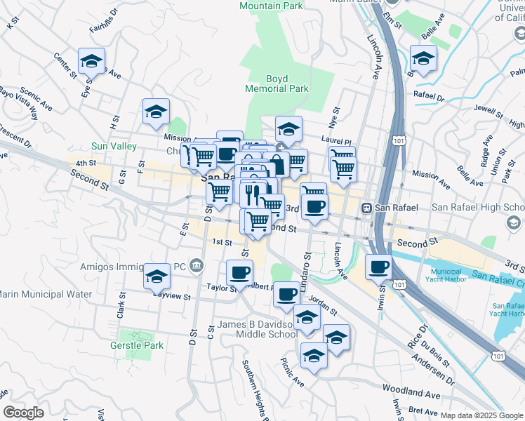 map of restaurants, bars, coffee shops, grocery stores, and more near 901 A Street in San Rafael