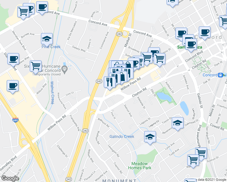 map of restaurants, bars, coffee shops, grocery stores, and more near 1631 Willow Pass Road in Concord