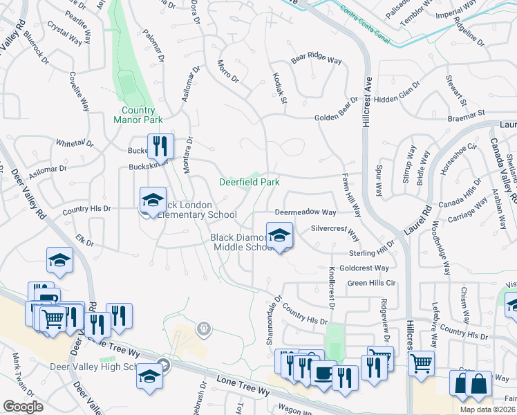 map of restaurants, bars, coffee shops, grocery stores, and more near 4401 Deermeadow Way in Antioch