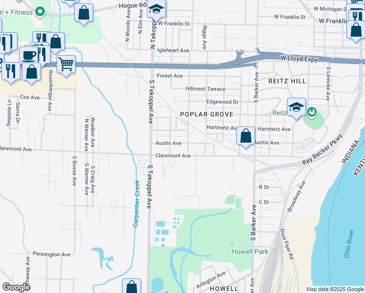 map of restaurants, bars, coffee shops, grocery stores, and more near 3311 Austin Avenue in Evansville