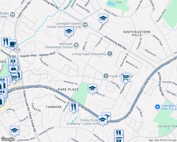 map of restaurants, bars, coffee shops, grocery stores, and more near 1316 Dale Drive in Lexington