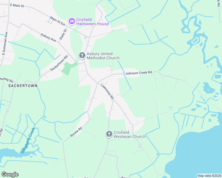 map of restaurants, bars, coffee shops, grocery stores, and more near 3249 Lawsonia Road in Crisfield