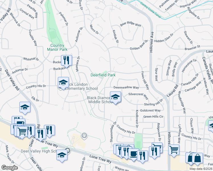 map of restaurants, bars, coffee shops, grocery stores, and more near 4401 Deermeadow Way in Antioch