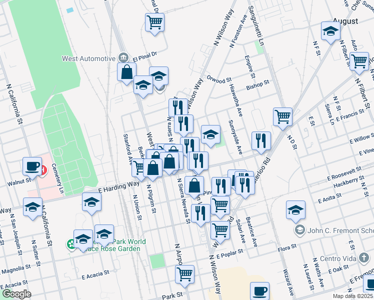 map of restaurants, bars, coffee shops, grocery stores, and more near 1445 Walnut Street in Stockton